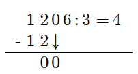  1206:3=4
-12 (slik at 12 står rett under 12 i tallet 1206)
Lang strek 
= 00 (der første 0 = 12-12, mens 0 til høyre er sifferet 0 fra 1206)